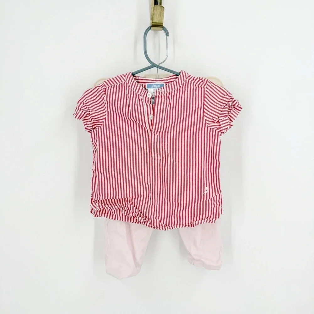 Jacadi Red and White Button Down Shirt, pink pants and white bodysuit (3 pieces)